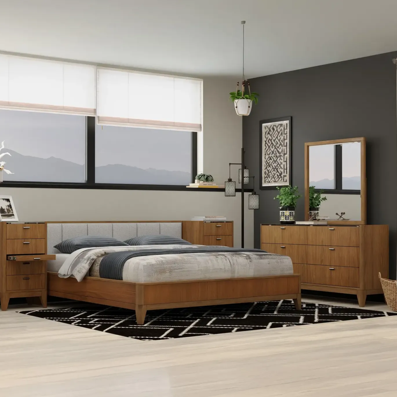 Amalie Eastern King Wall Bed With 2 Piers, Dresser, Mirror