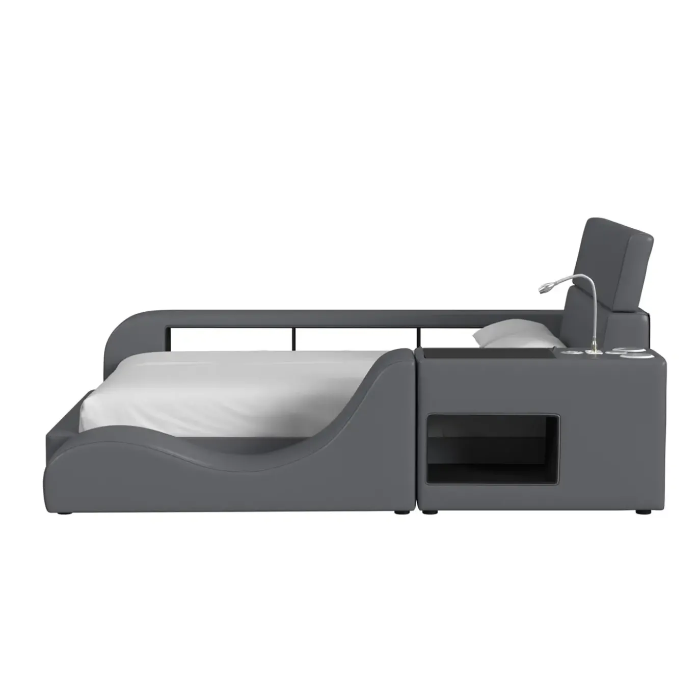 Blaine Modular Full Bed with Built-in Nightstand, Lounge Chair & Bookcase