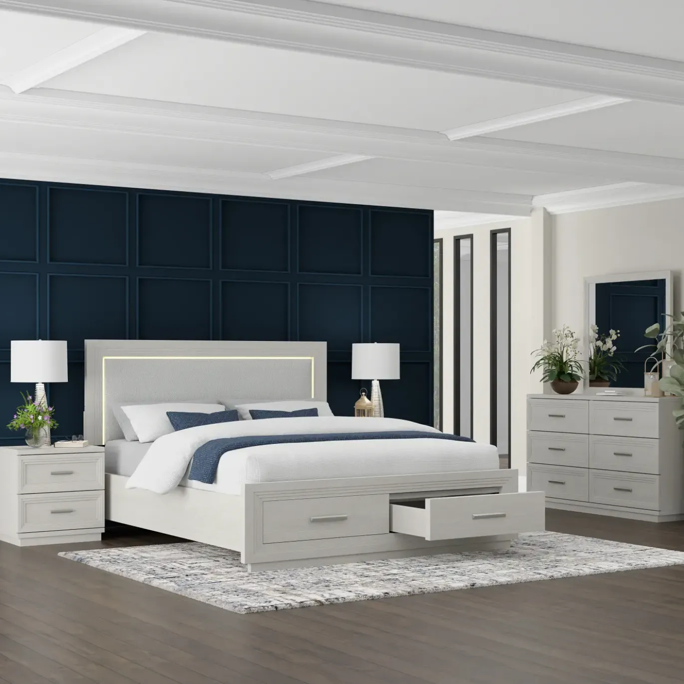 Burbank California King Storage Bed, Dresser, Mirror, Nightstand