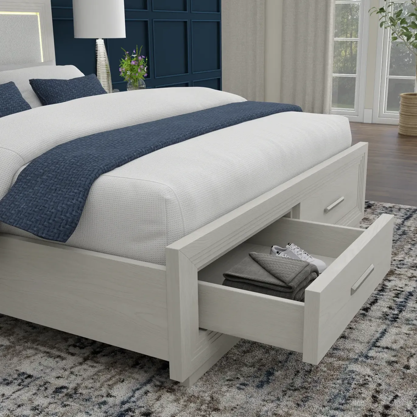 Burbank California King Storage Bed, Dresser, Mirror, Nightstand