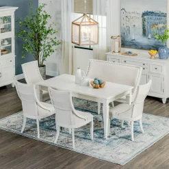 East Bay 6pc Dining Set: Extendable Dining Table, 4 Arm Chairs & Bench