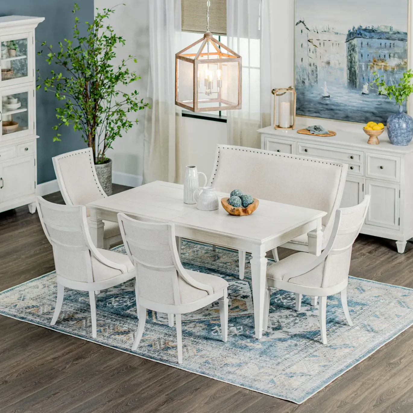 East Bay 6pc Dining Set: Extendable Dining Table, 4 Arm Chairs & Bench