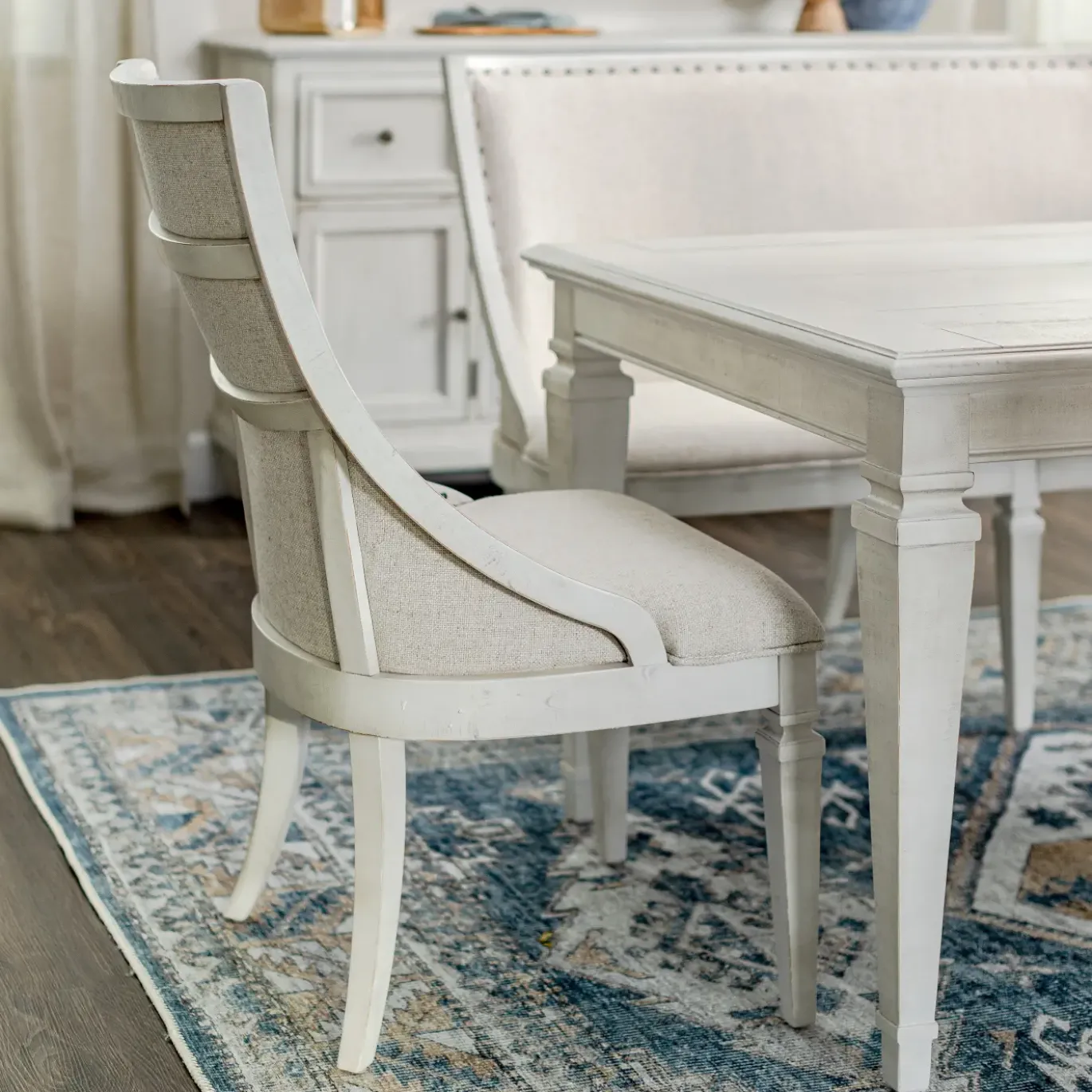 East Bay 6pc Dining Set: Extendable Dining Table, 4 Arm Chairs & Bench