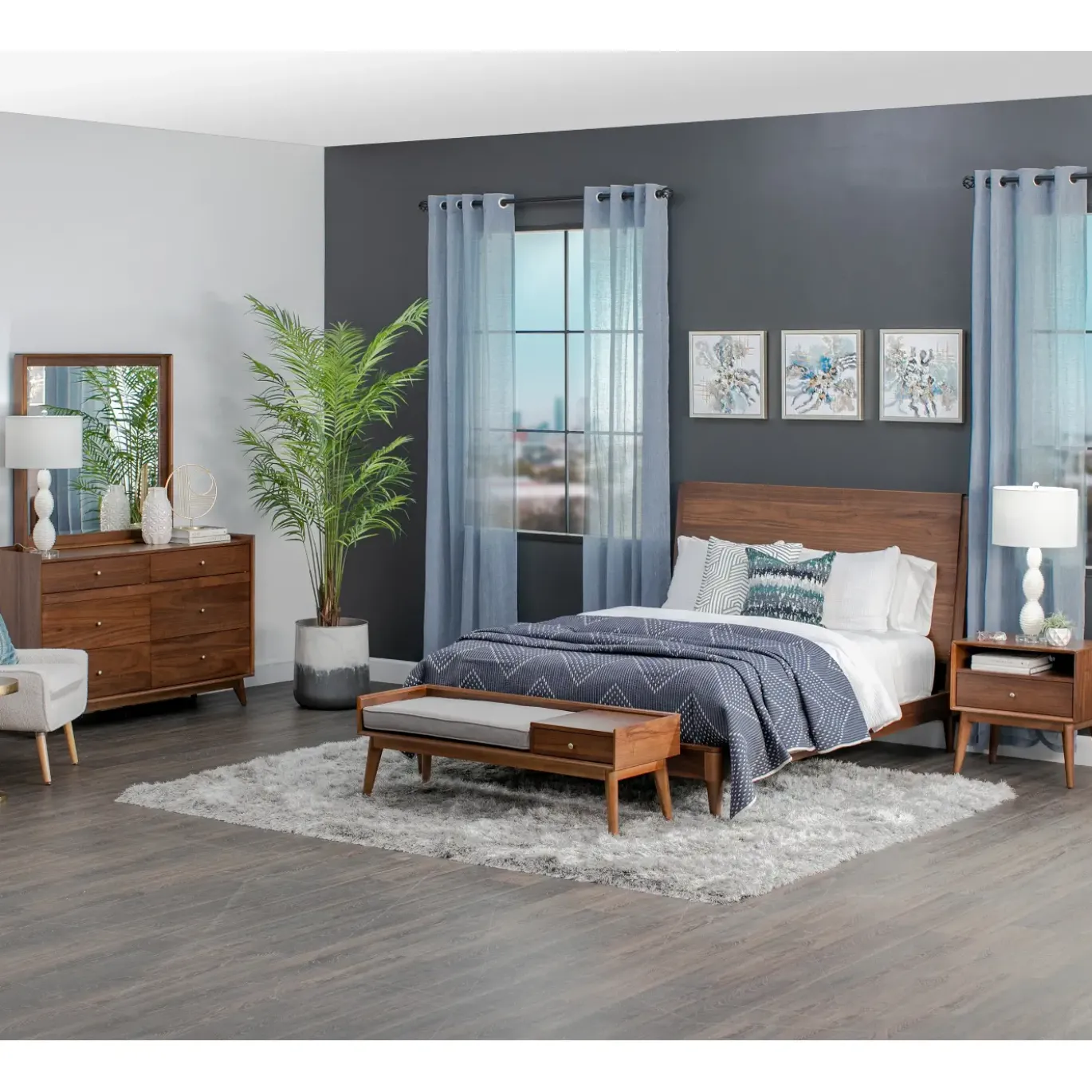 Minetta California King Loft Bed, Dresser, Mirror, Nighstand